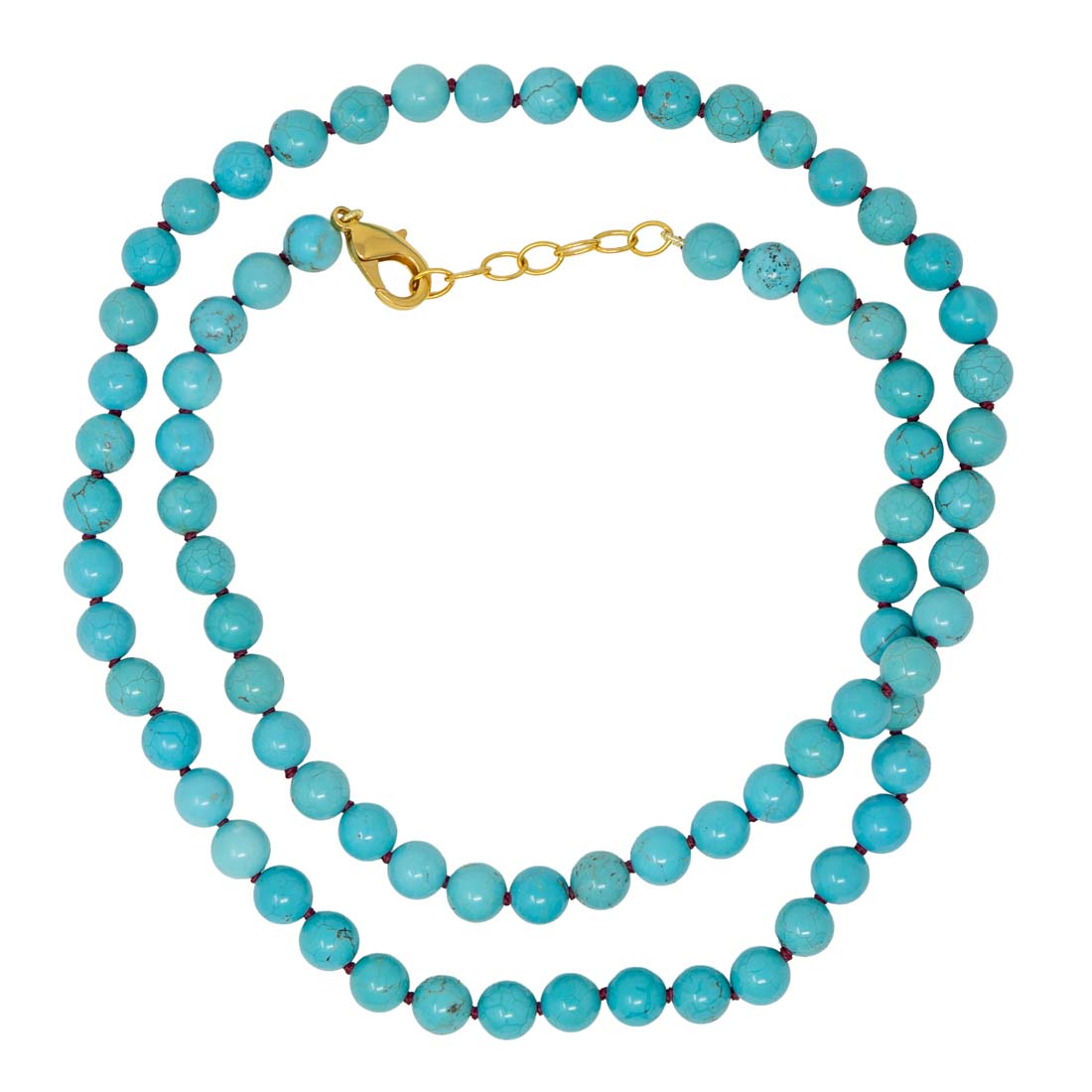 Turquoise bead necklace with a gold clasp on a white background