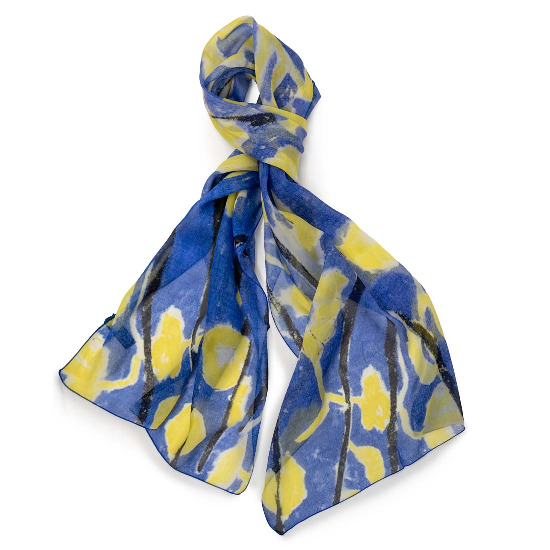 Blue and yellow patterned scarf on a white background