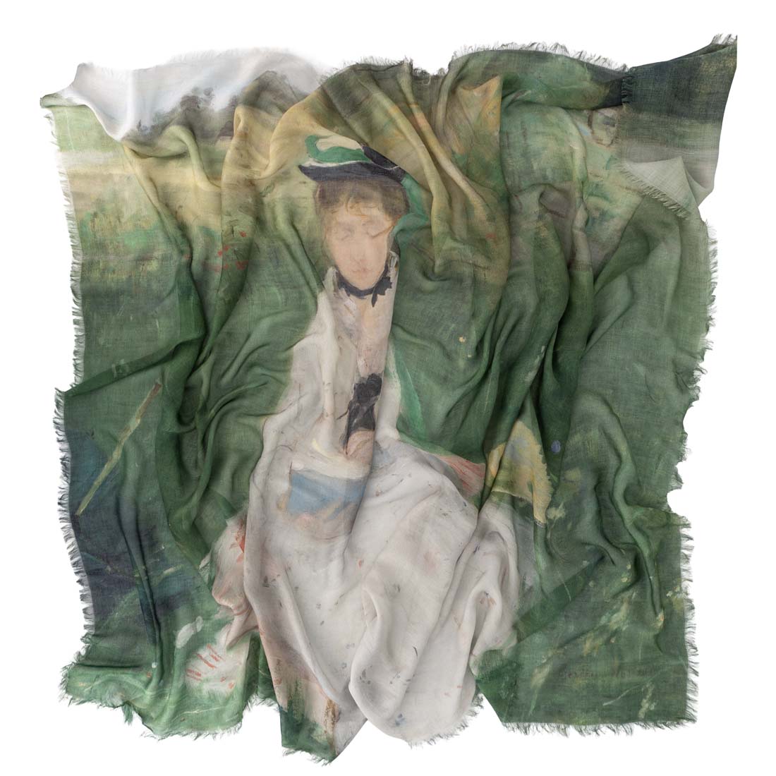 Scarf with a printed design of a woman in a green dress and hat on a white background