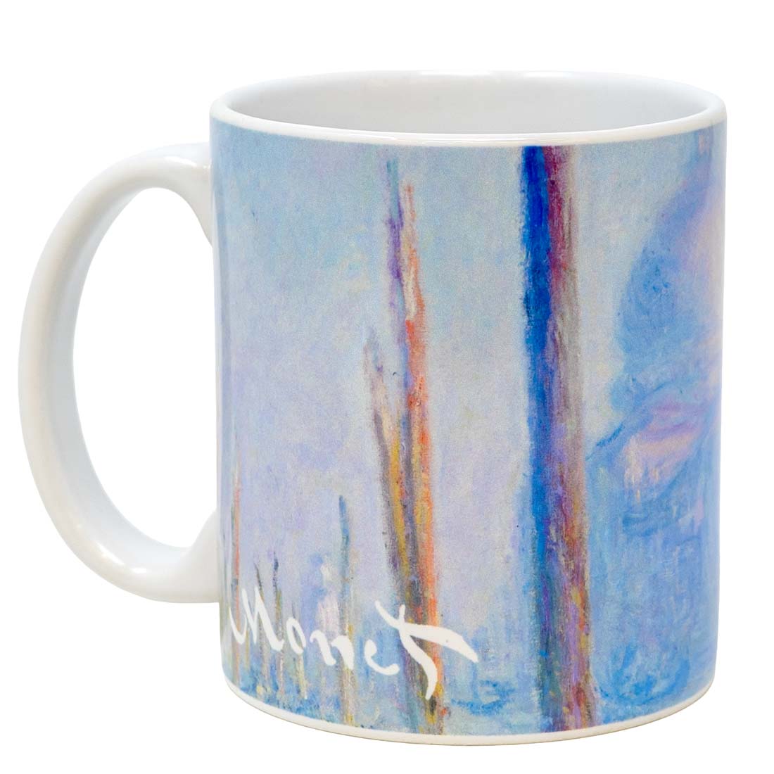 Mug with Monet-style abstract design on a white background