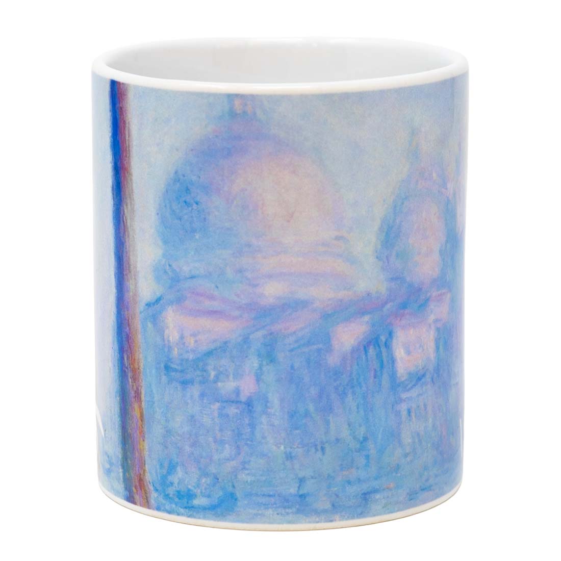 Mug with Monet-style abstract design on a white background
