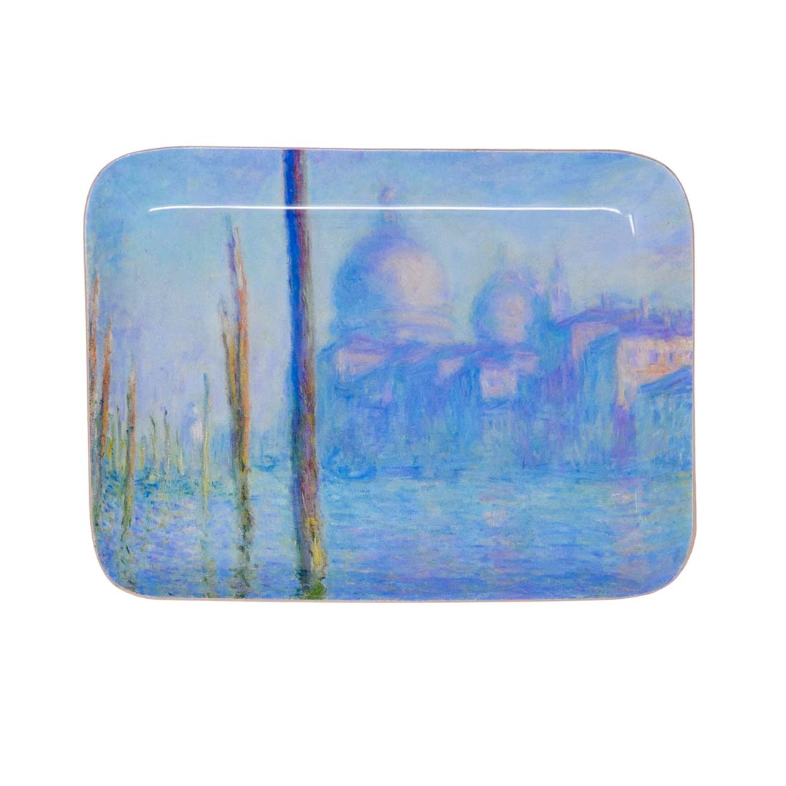 Rectangular tray with a artistic depiction of a cityscape and water, resembling a famous painting.