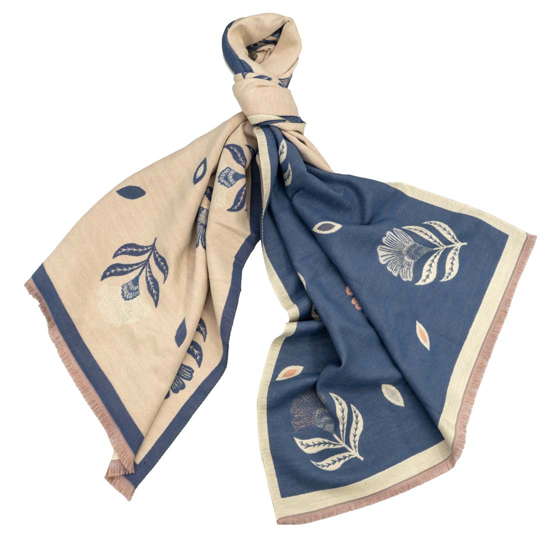 Beige and blue scarf with leaf patterns on a white background
