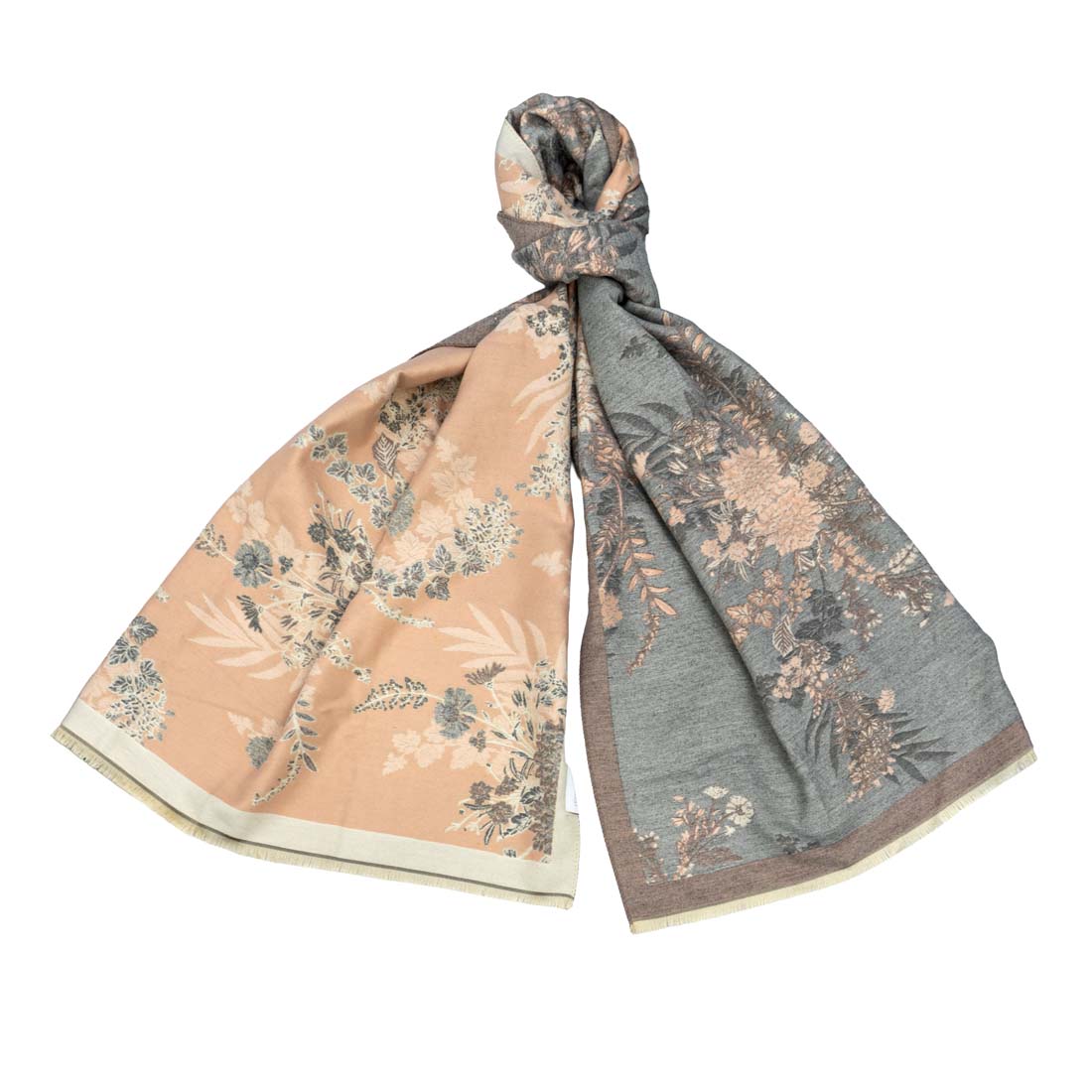 Floral patterned scarf in gray and beige on a white background