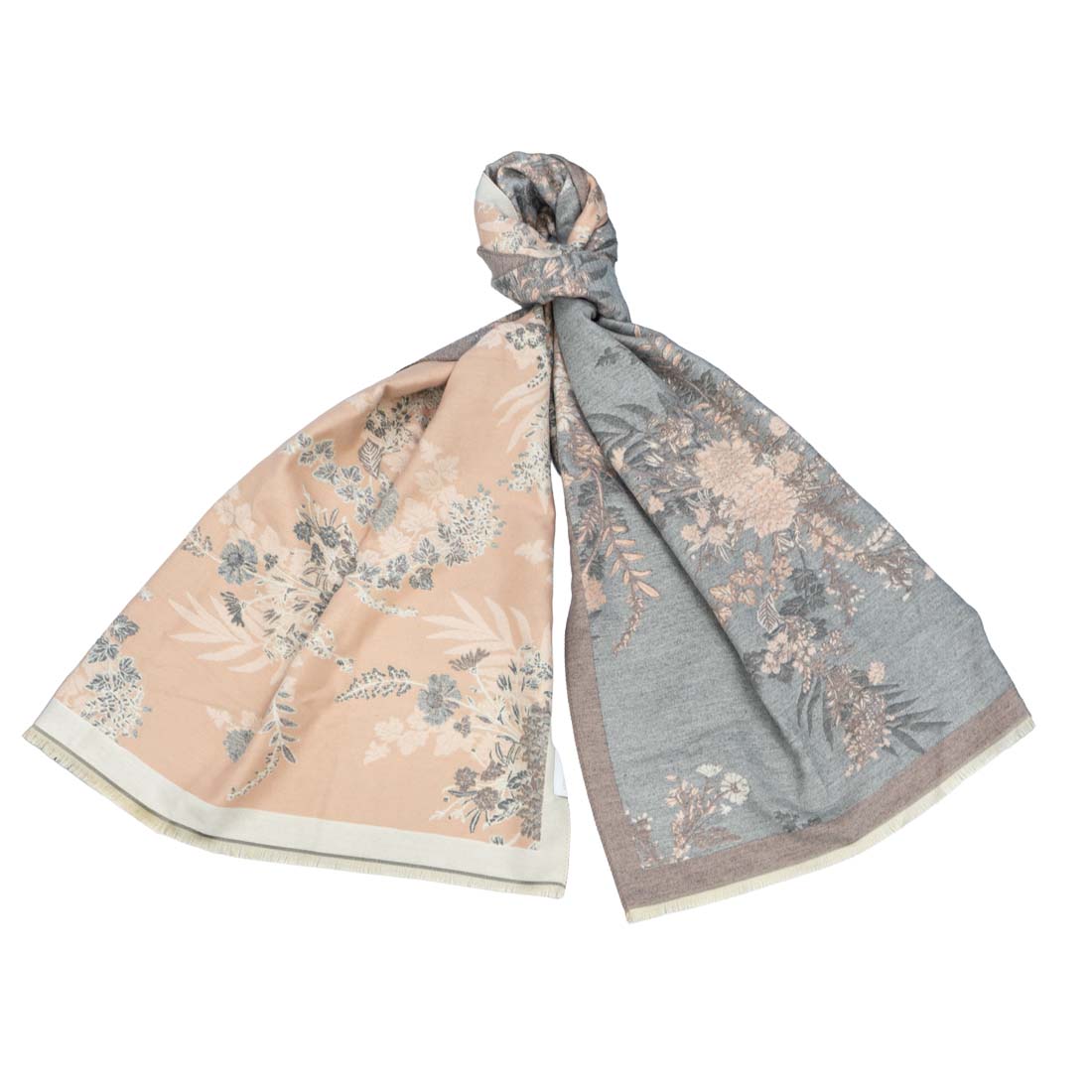Floral patterned scarf in gray and beige on a white background
