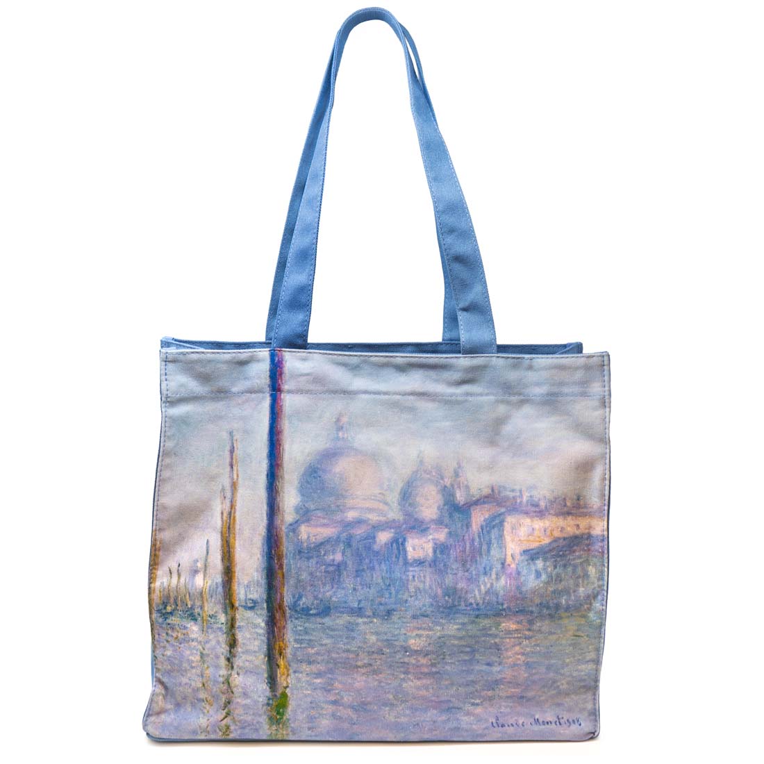 Tote bag with a design inspired by Monet's 'Impression, Sunrise' on a white background
