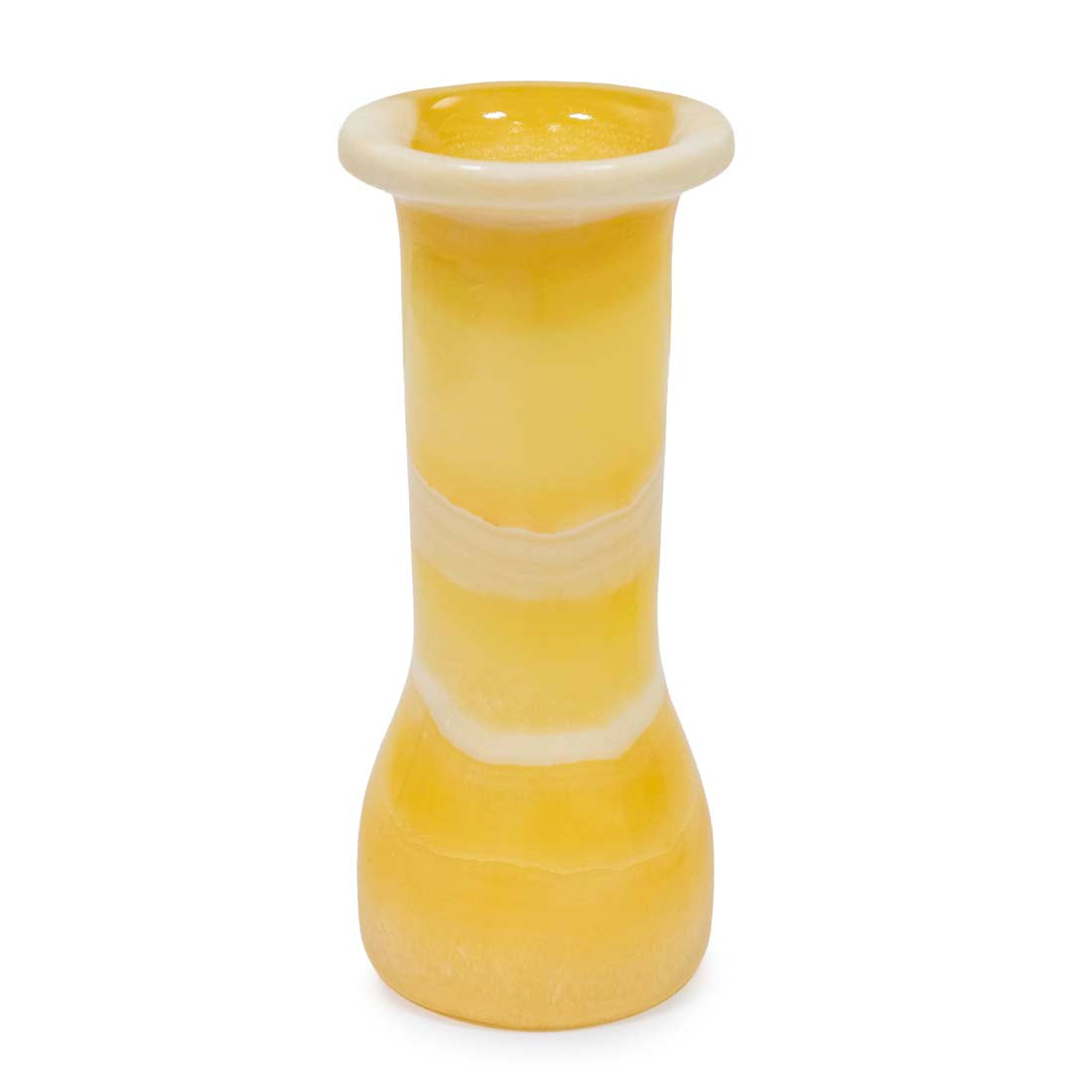 Yellow and white alabaster striped vase on a white background