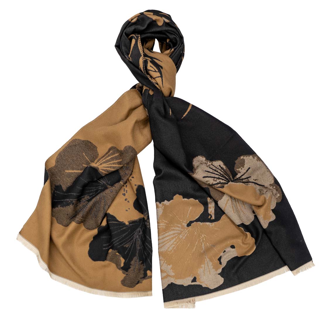 Scarf with floral pattern in black, brown, and beige on a white background
