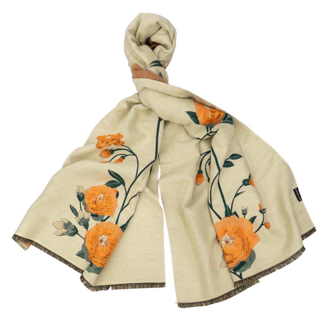 Beige scarf with orange floral patterns on a white background