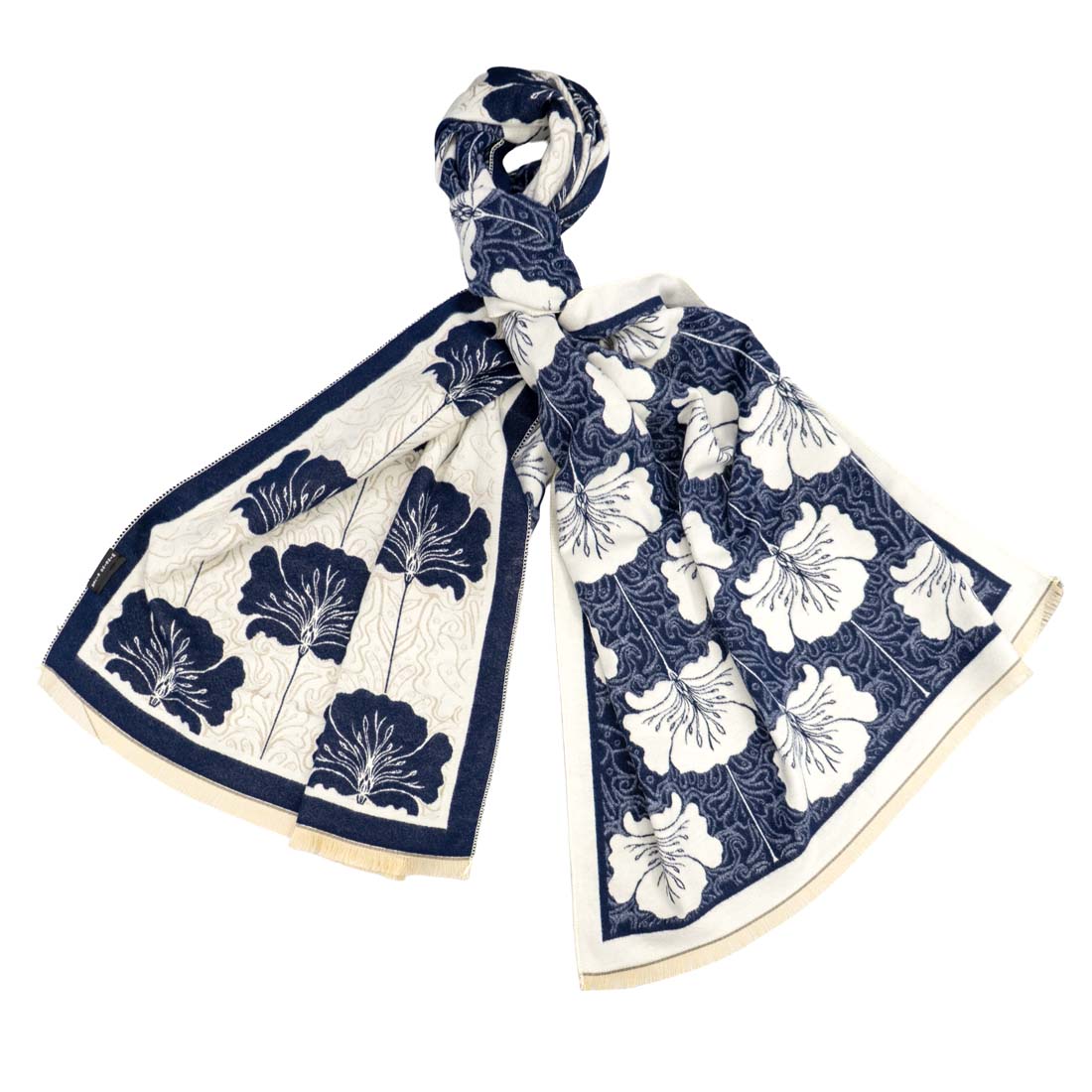 Navy and white floral patterned headscarf on a white background