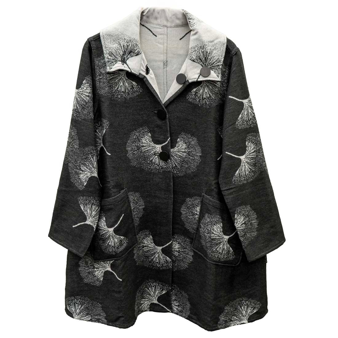 Black coat with white floral pattern on a white background