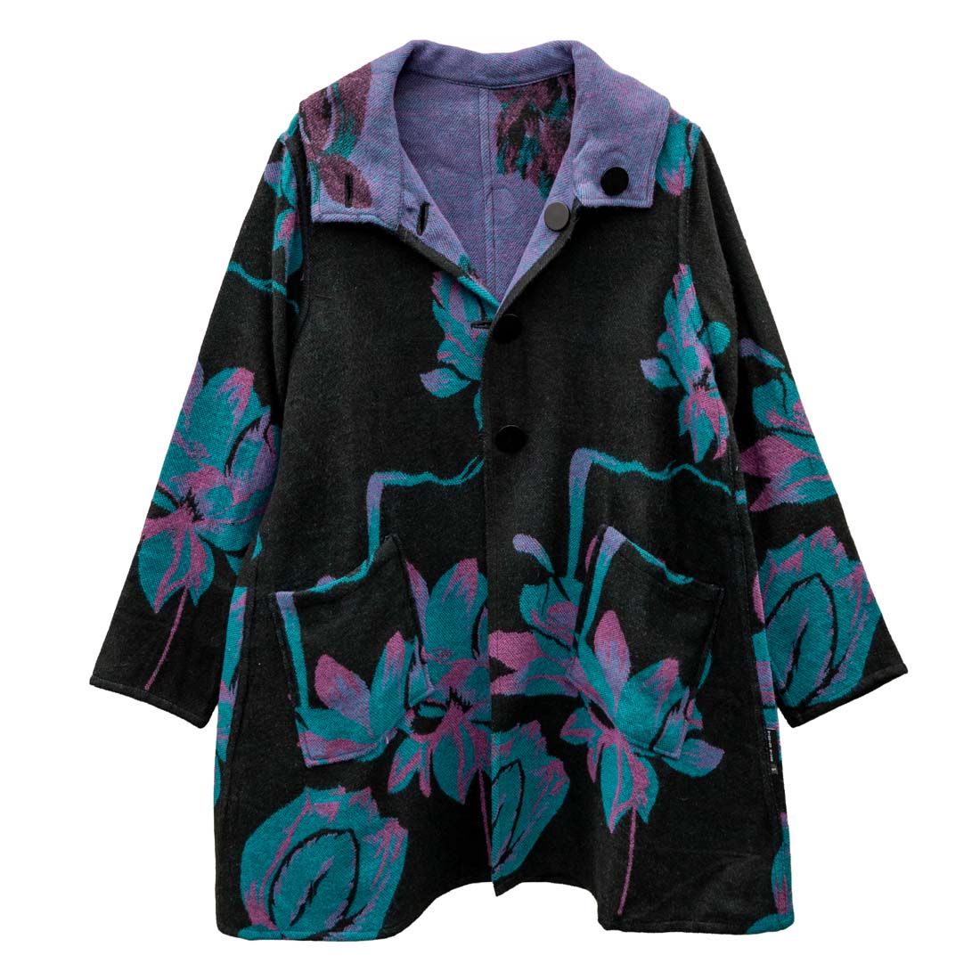 Floral patterned coat with a black background