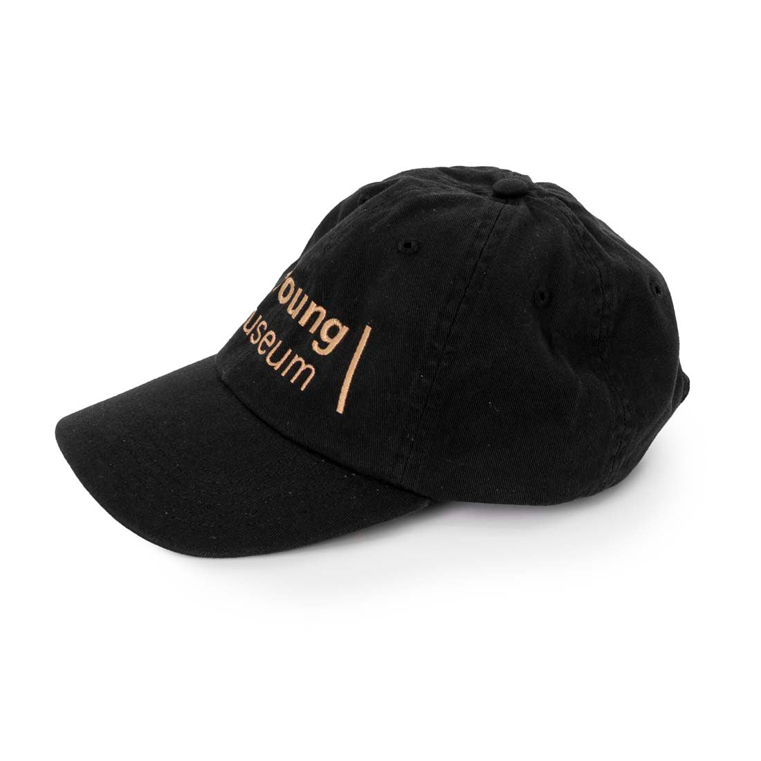 A black baseball cap with 'de Young museum' embroidered in gold stitching on the front.