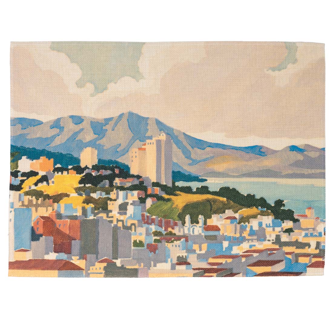 Artistic depiction of a coastal city with mountains in the background