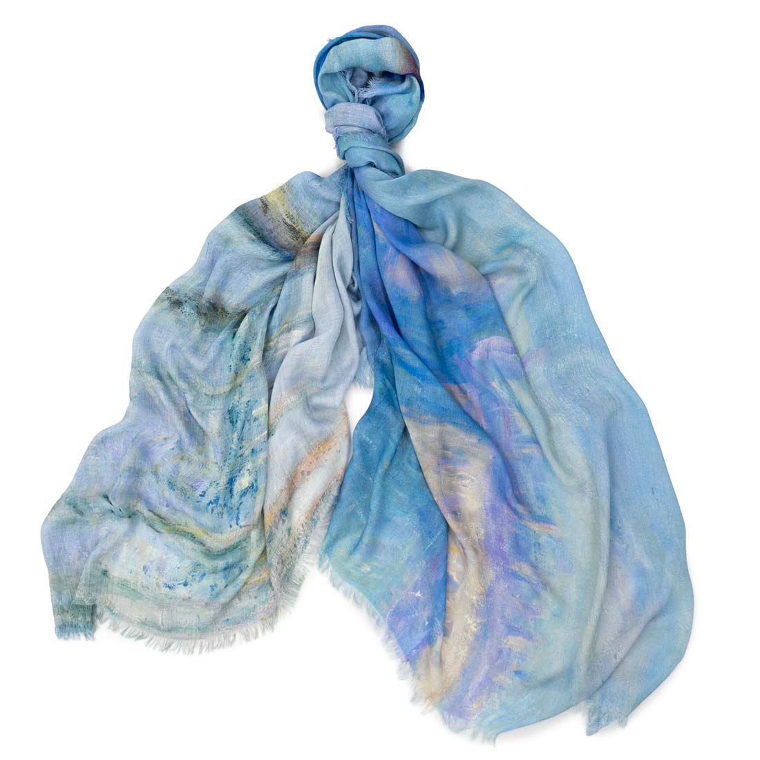 Blue and white patterned scarf on a white background