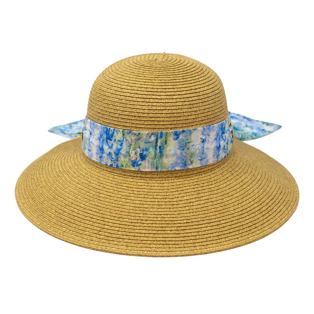 Beige straw hat with a blue and green ribbon on a white background