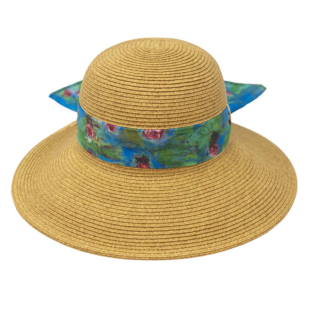 Beige straw hat with a colorful band on a white background