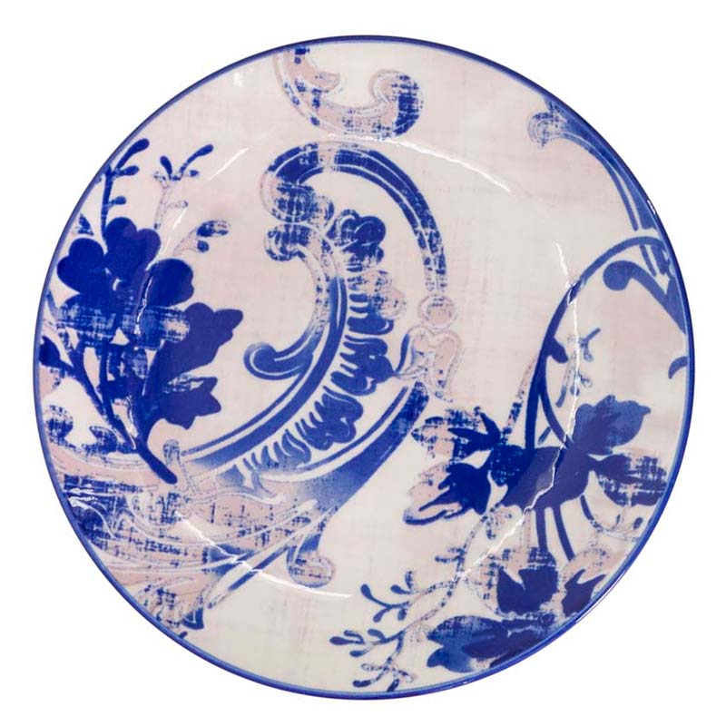 Blue and white decorative plate with floral patterns on a white background