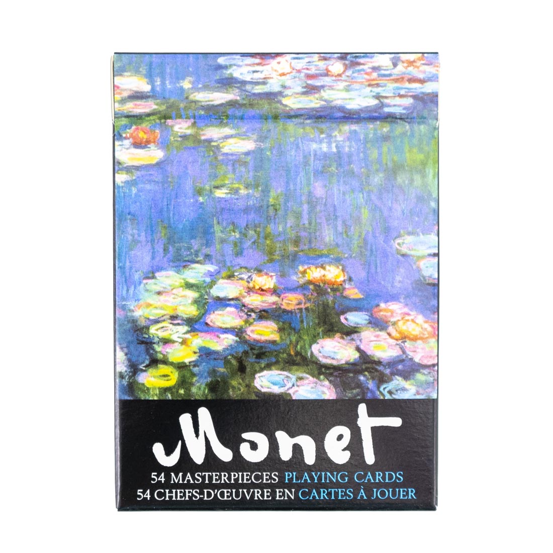 Playing card set packaging with Monet's 'Water Lilies' painting on a white background