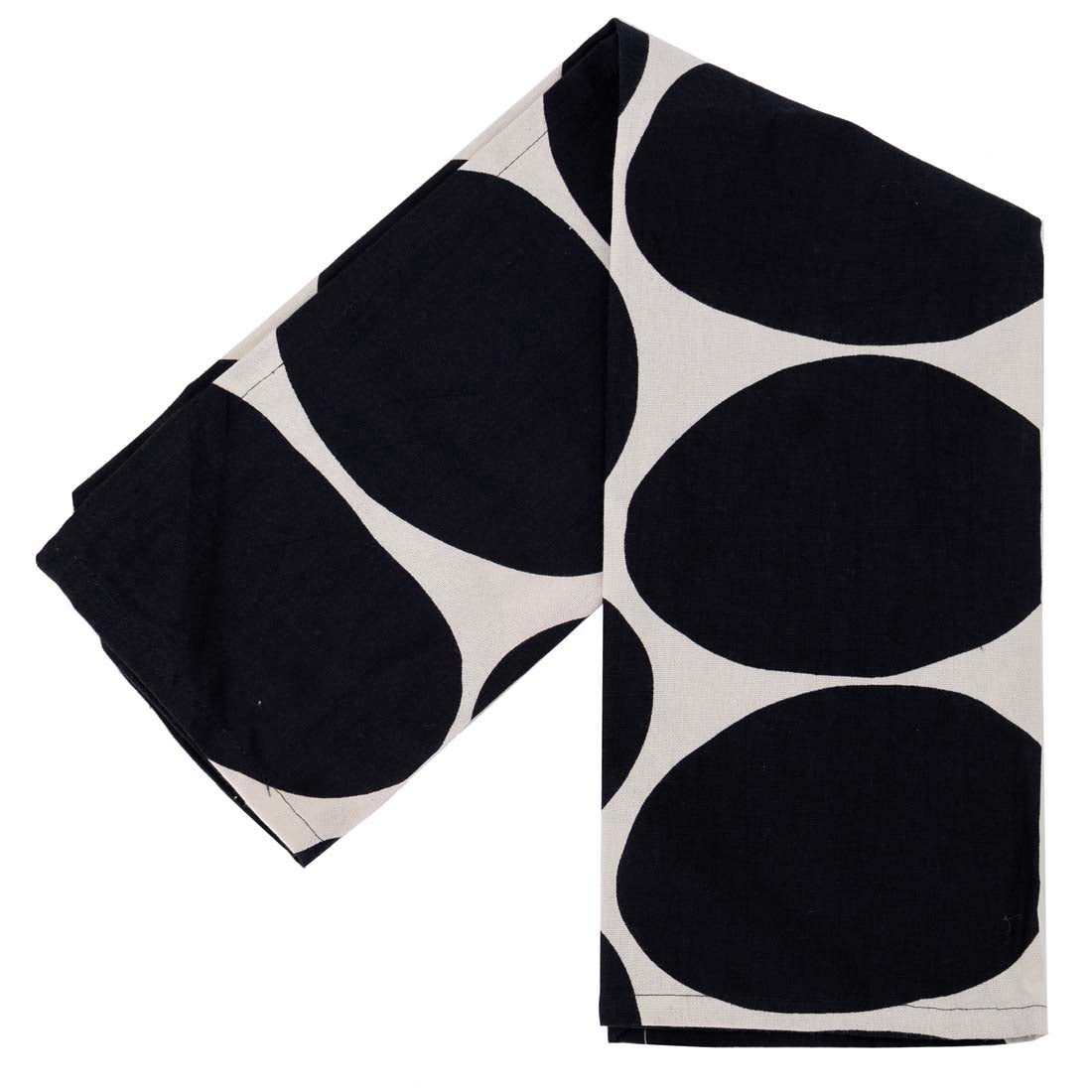 A black and white cotton tea towel with a hand-painted geometric design, laid out unfolded.
