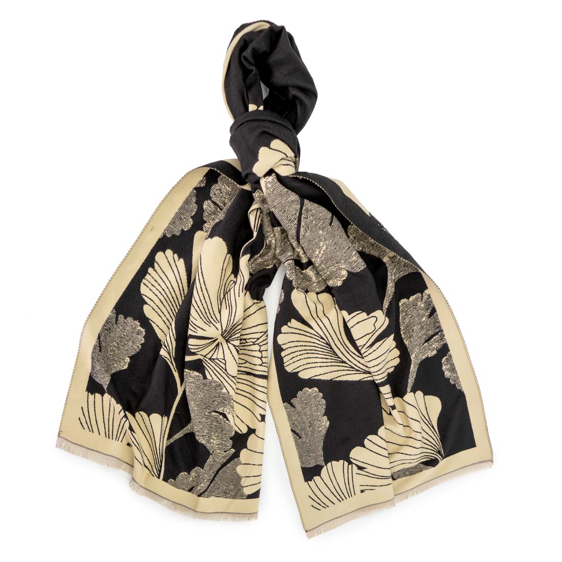 Black & Cream Ginkgoes Reversible Shawl