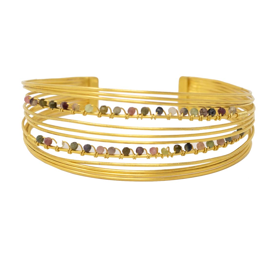 Tourmaline Bead Layered Gold-Plated Wire Cuff