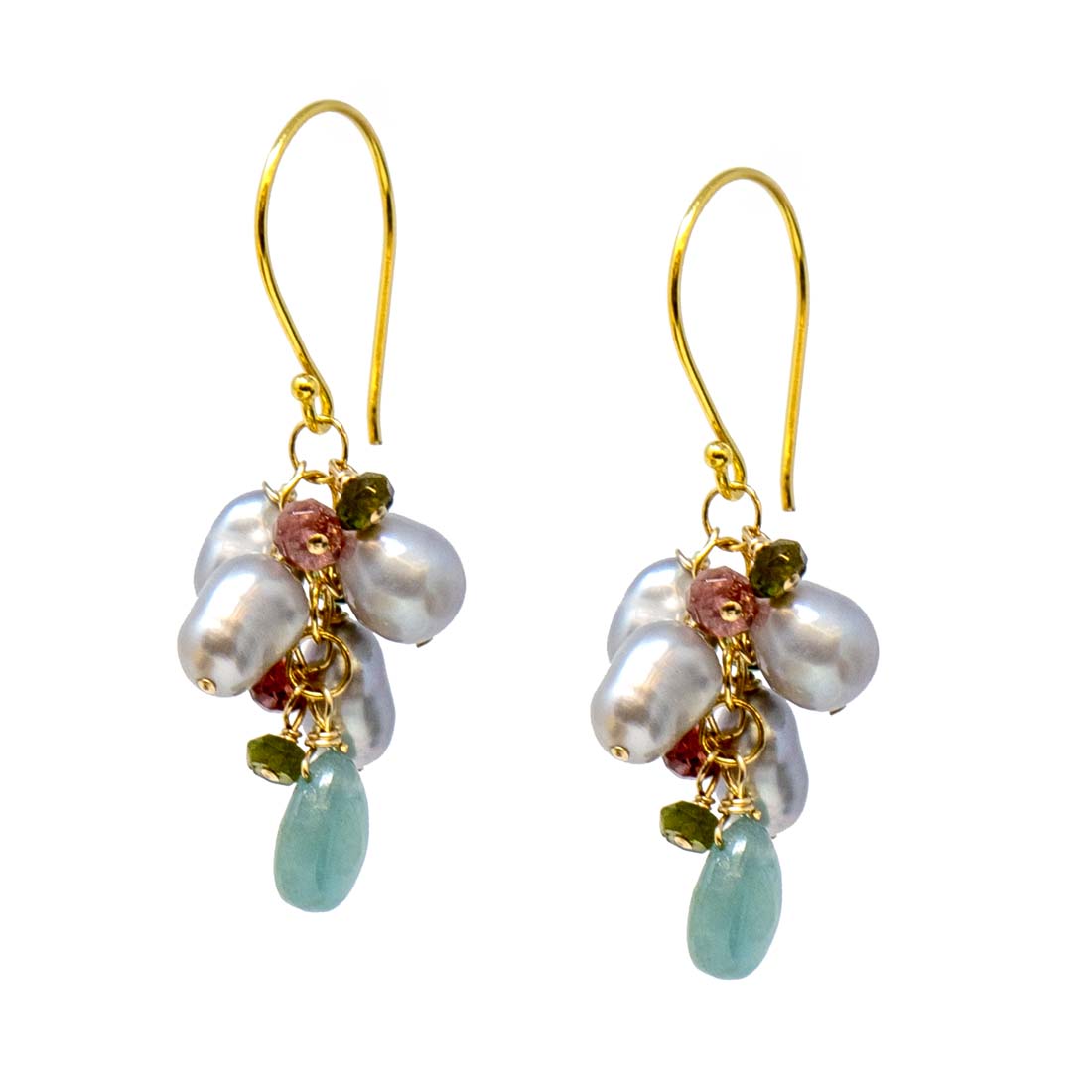 A pair of earrings featuring grey baroque pearls, green grandidierite, and multi-color tourmaline, with gold plated French hooks.