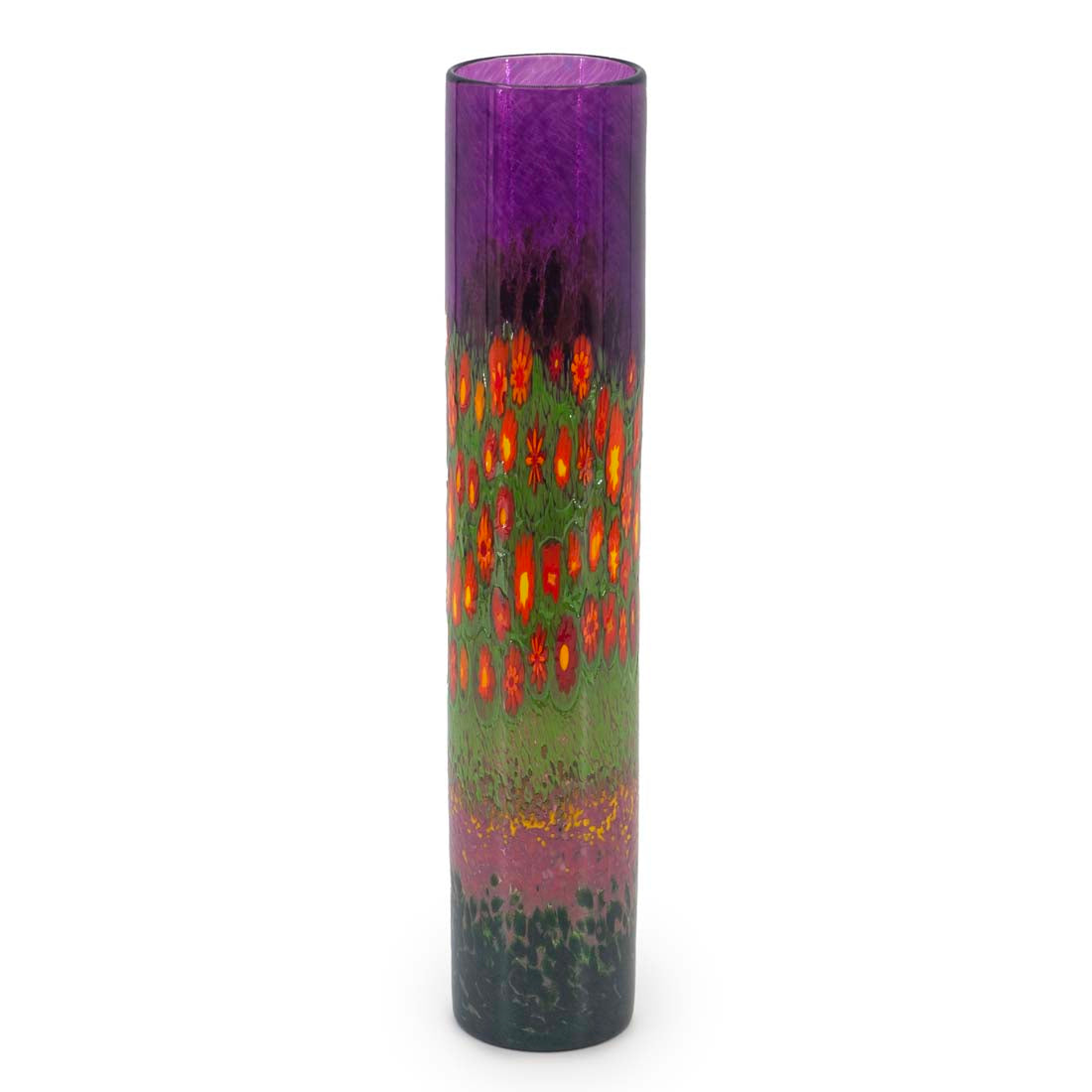 A tall cylindrical glass vase with a design resembling California poppies in orange and green colors.