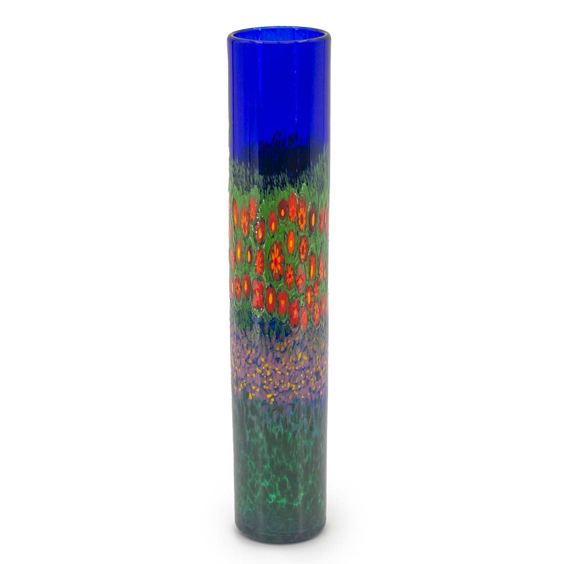 A tall cylindrical glass vase with a design resembling California poppies in orange and green colors.