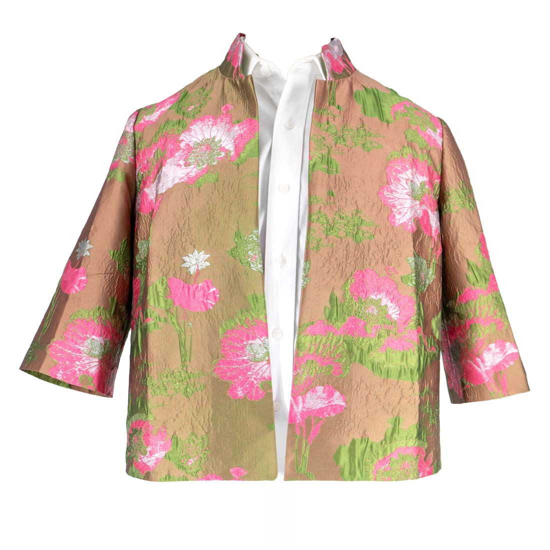 Metallic Flower Print Mandarin Collar Jacket
