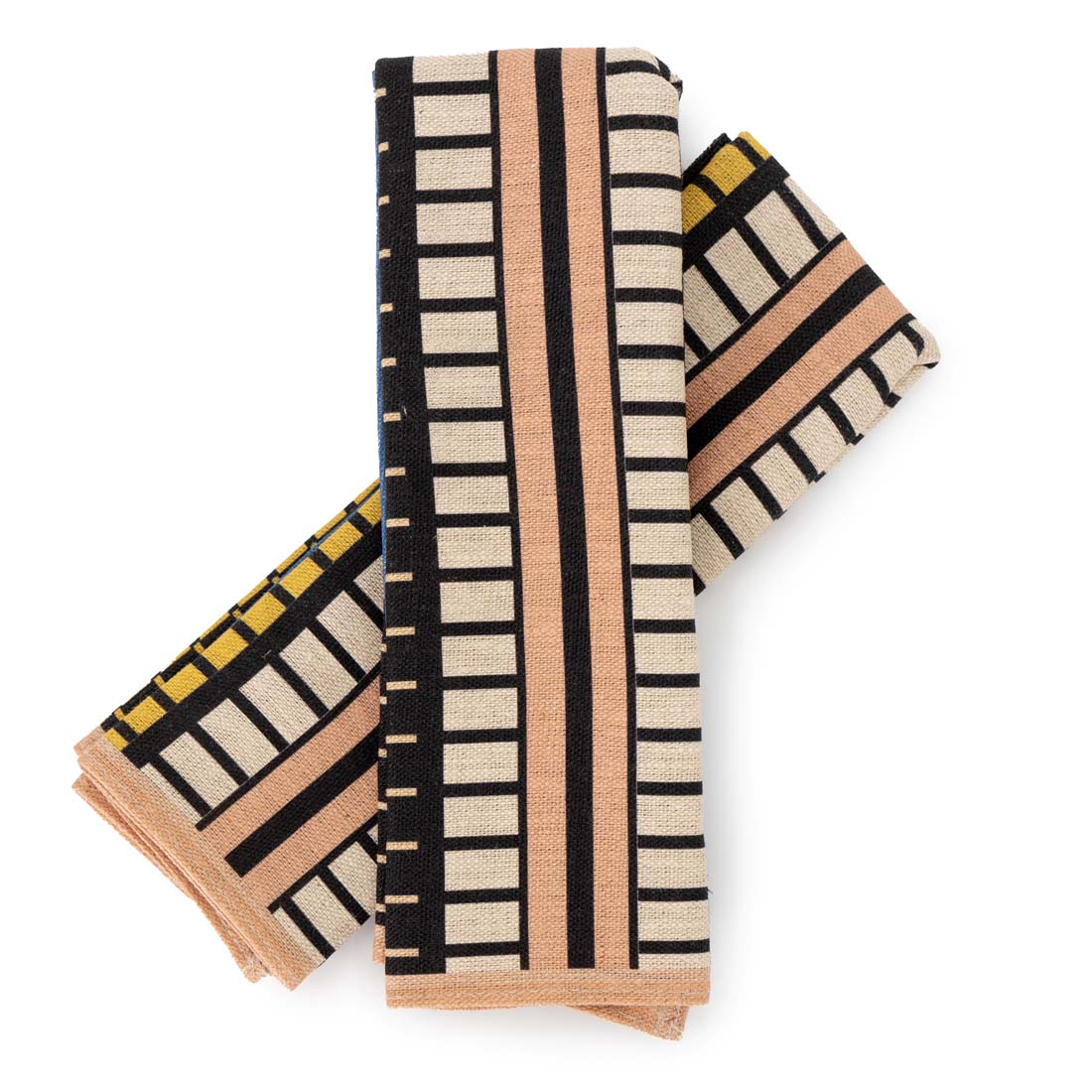 A set of two linen napkins with a geometric pattern featuring stripes in black, beige, and yellow colors.