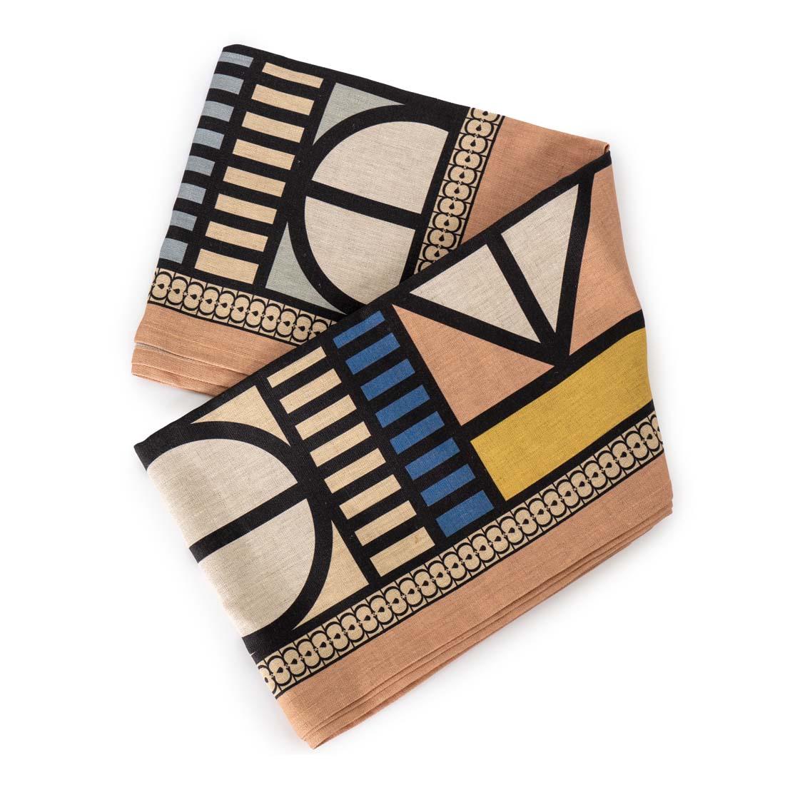 A rectangular table runner with an African-inspired geometric pattern featuring lines, circles, and triangles in a palette of beige, blue, black, and yellow.