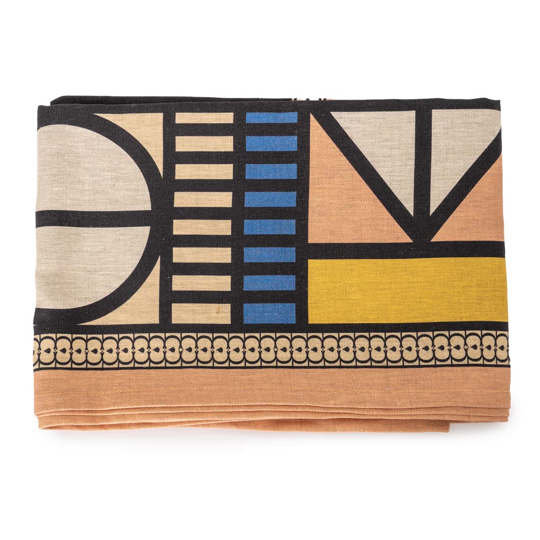 A rectangular table runner with an African-inspired geometric pattern featuring lines, circles, and triangles in a palette of beige, blue, black, and yellow.