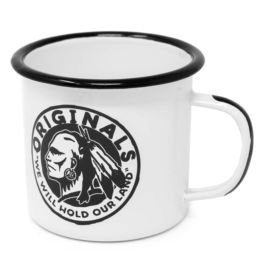 A white steel mug with a black handle and a hand-painted logo featuring a Cherokee warrior and the text 'ORIGINS'. There is also the NTVS thunderbird logo on the back.