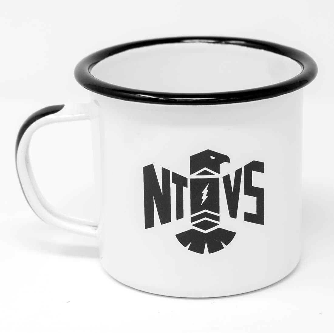 A white steel mug with a black handle and a hand-painted logo featuring a Cherokee warrior and the text 'ORIGINS'. There is also the NTVS thunderbird logo on the back.