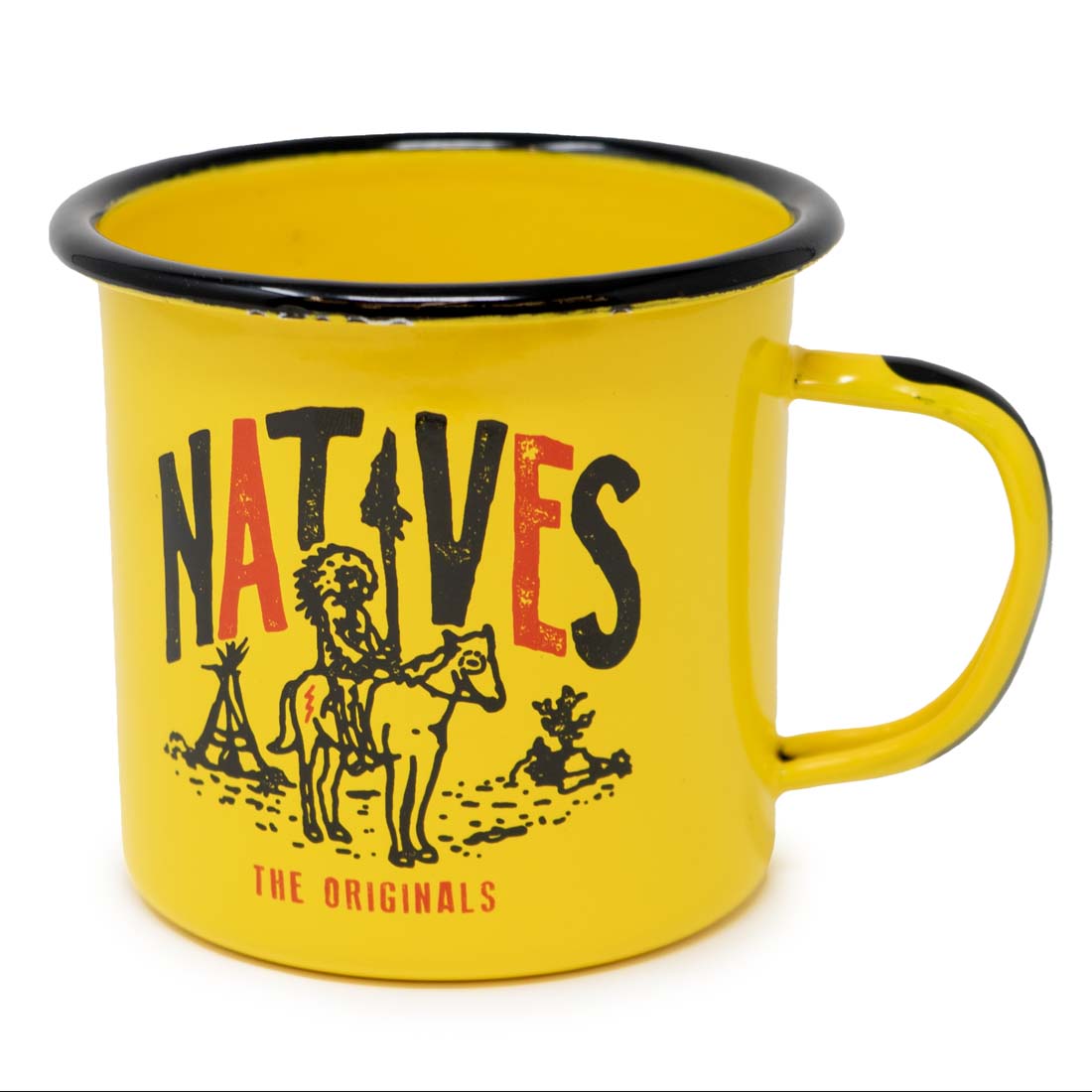 A yellow steel mug with black text and a hand-drawn illustration of a chief on horseback, along with the logo 'NTVS - THE ORIGINALS'.
