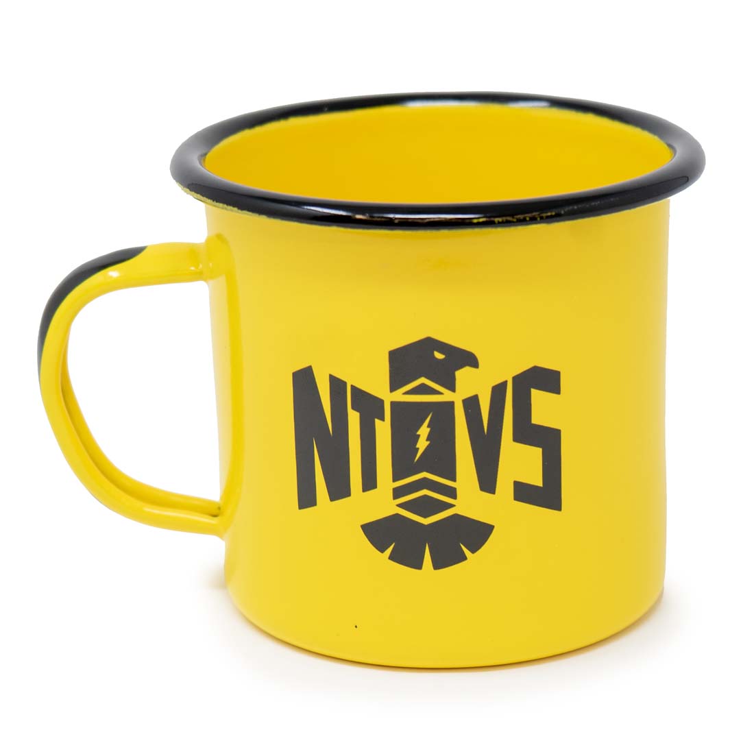 A yellow steel mug with black text and a hand-drawn illustration of a chief on horseback, along with the logo 'NTVS - THE ORIGINALS'.