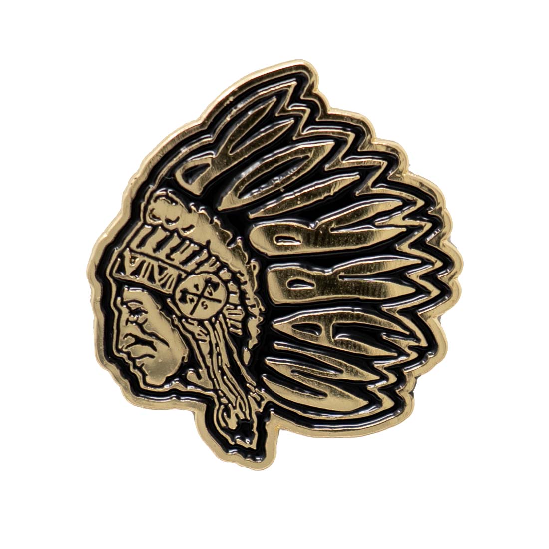 An enamel pin featuring a traditional profile of a Native American Chief with a headdress.