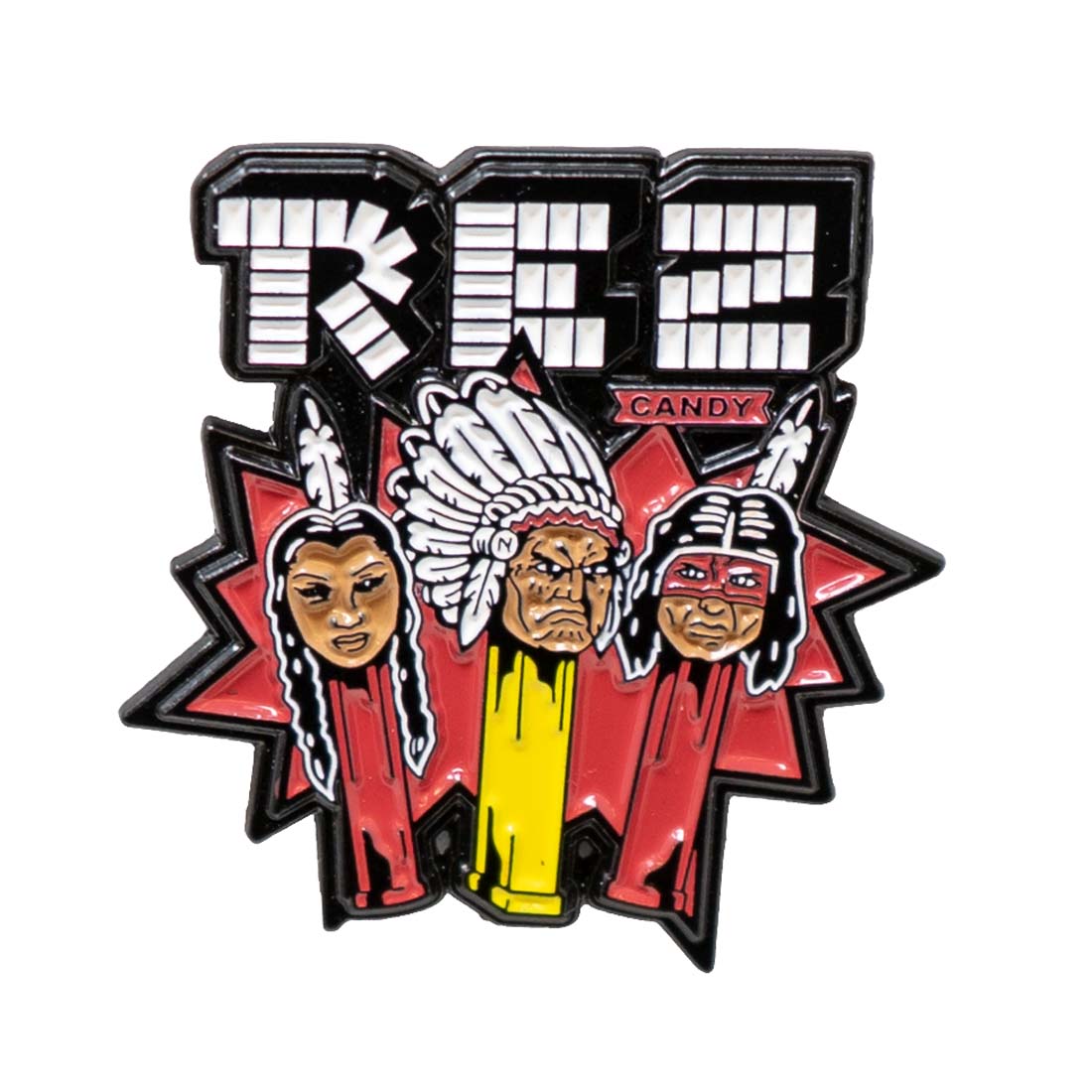 An enamel pin featuring three Native American figures with traditional headdresses, stylized as 'Pez' candy containers, on a red and black background with the text 'Rez Pez'.
