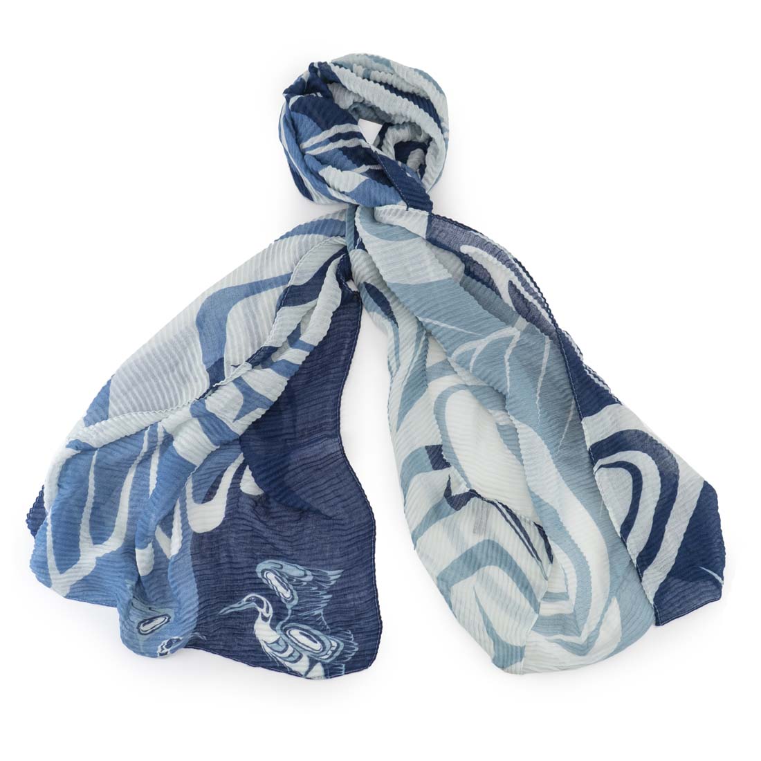 A scarf with a geometric pattern in shades of blue and white, displayed on a plain background.