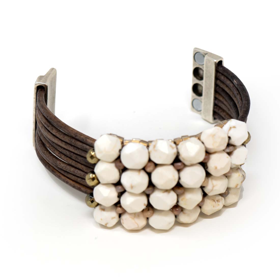 White Turquoise Beaded Leather Cord Cuff