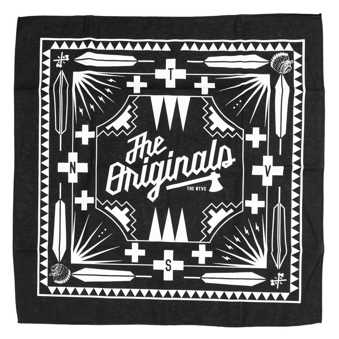 A black bandana with white text and geometric patterns. The text reads 'The Originals' and includes an image of a staff with a feather on it.