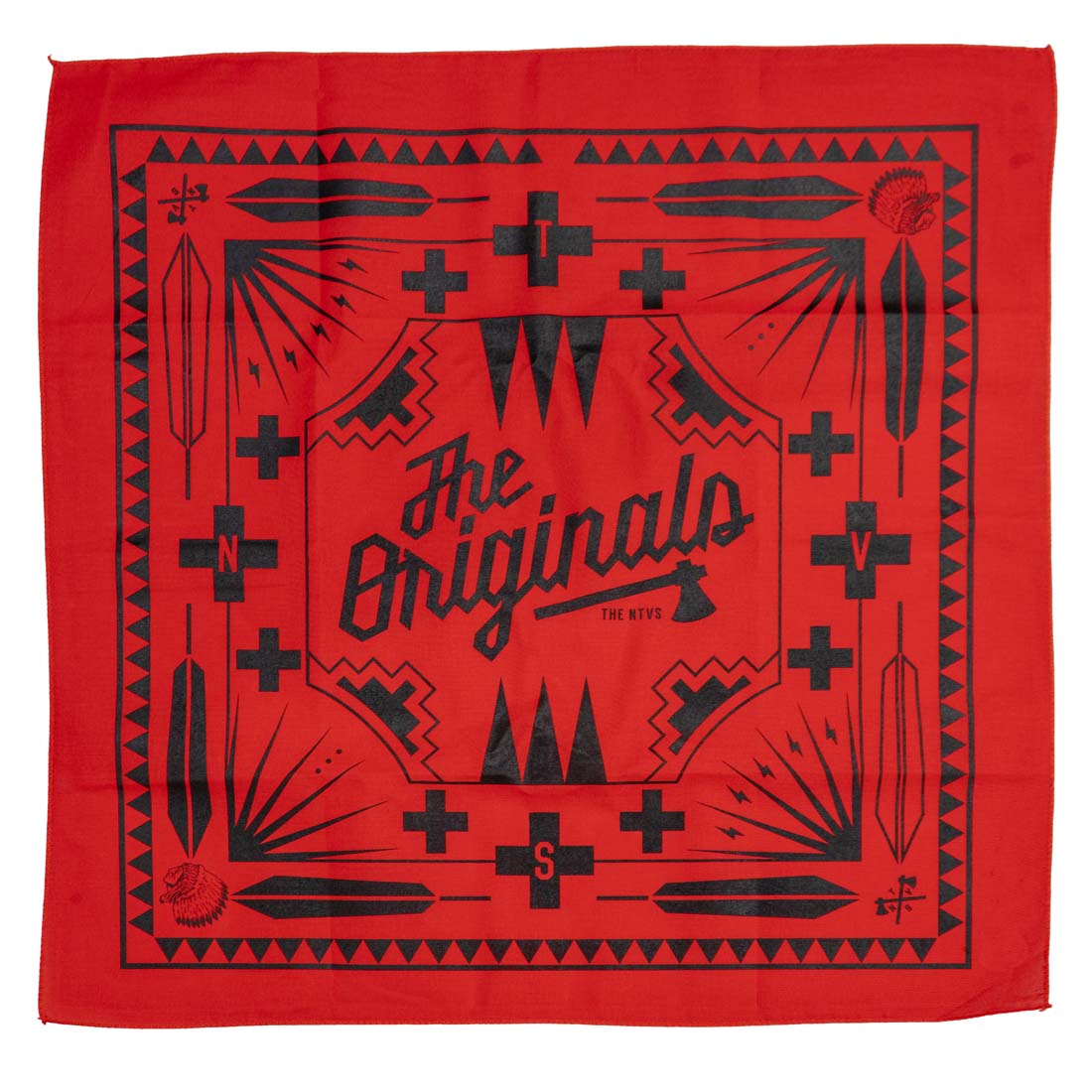 A red bandana with a black 'The Originals' logo in the center and geometric patterns around the edges.