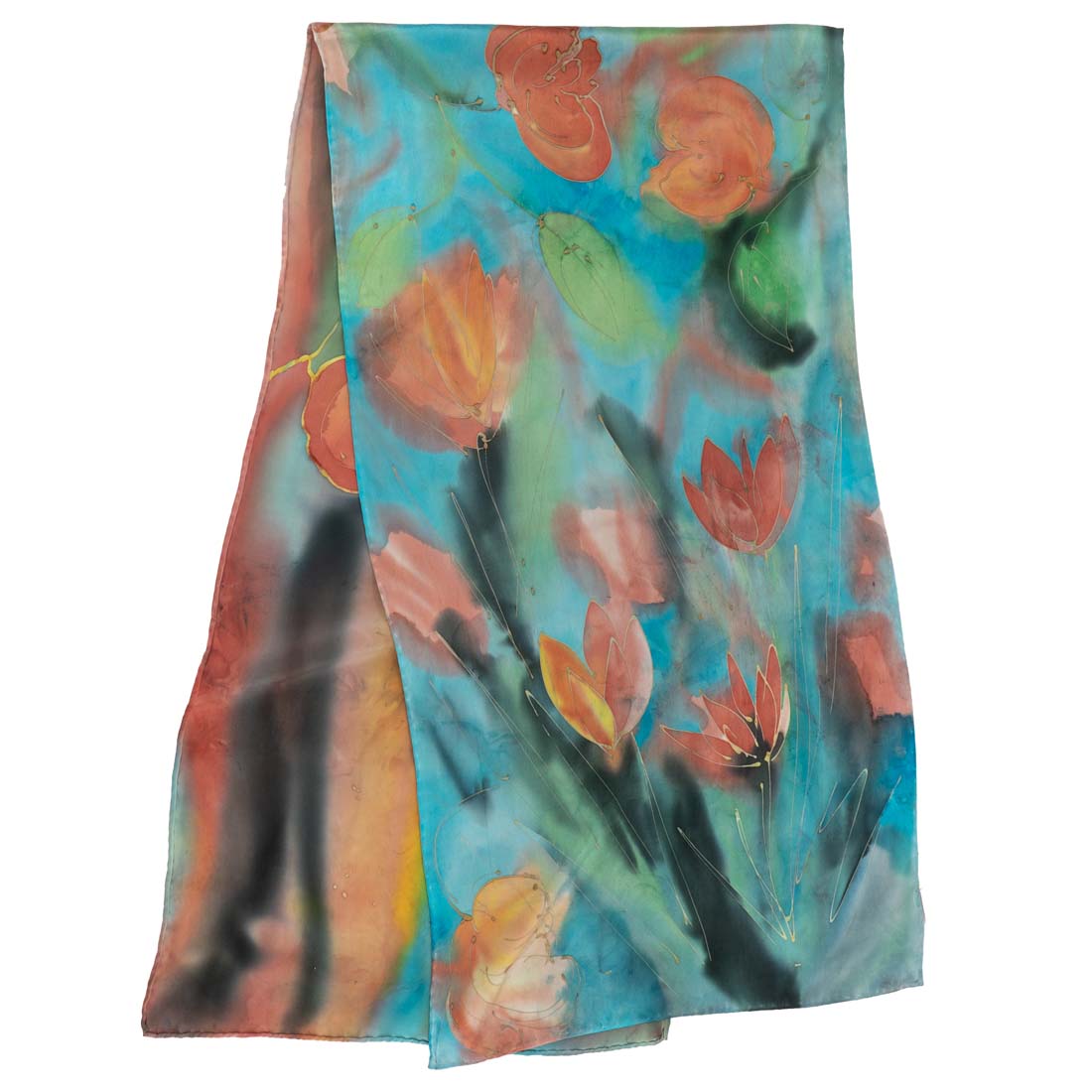Orange Water Lily Hand-Painted Silk Scarf