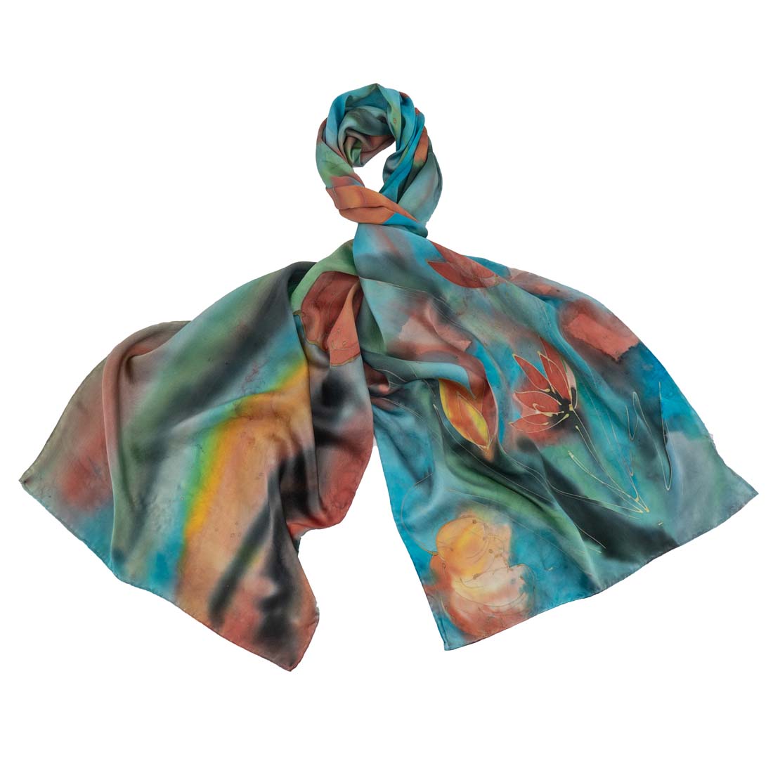 Orange Water Lily Hand-Painted Silk Scarf