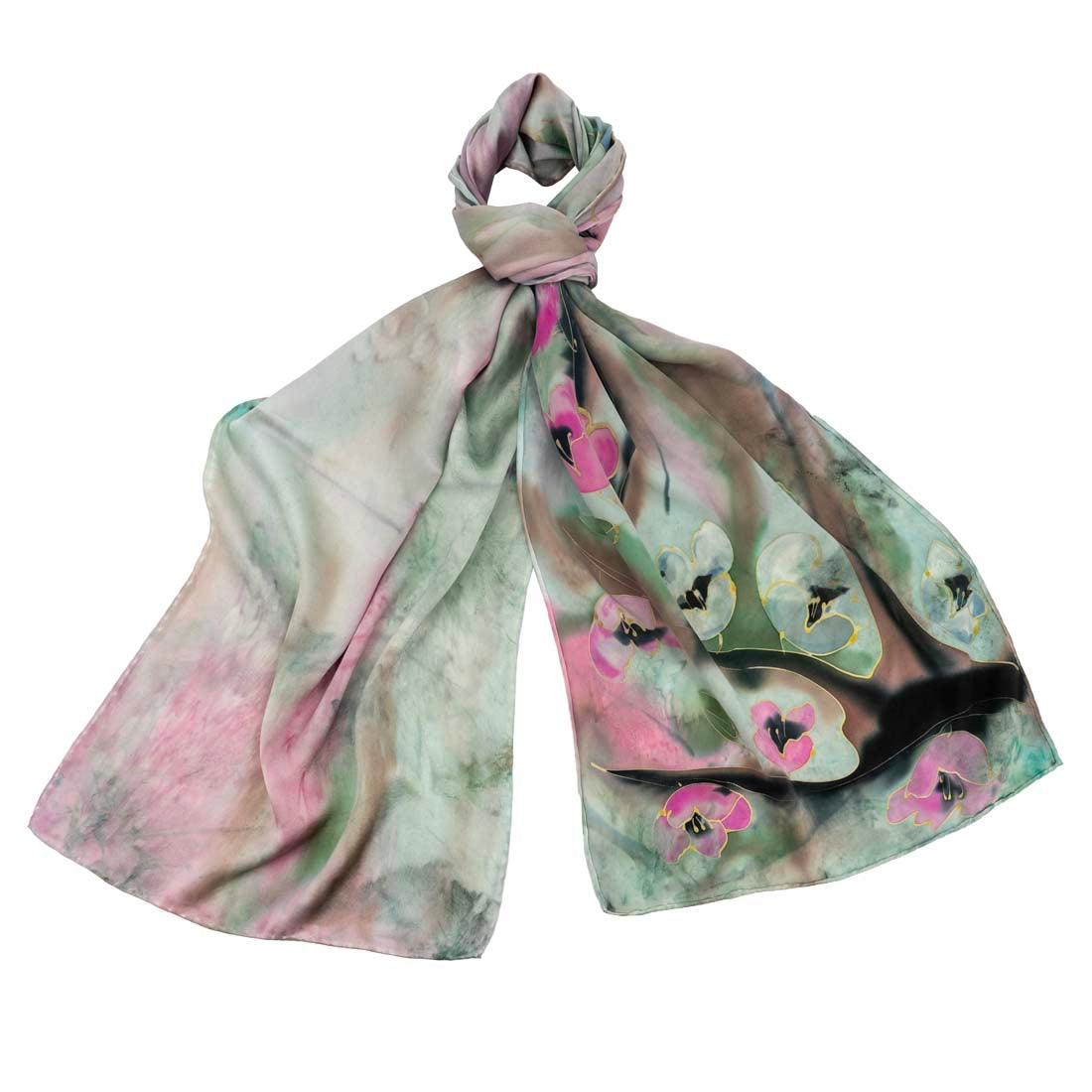 Pink Flowers Hand-Painted Silk Scarf