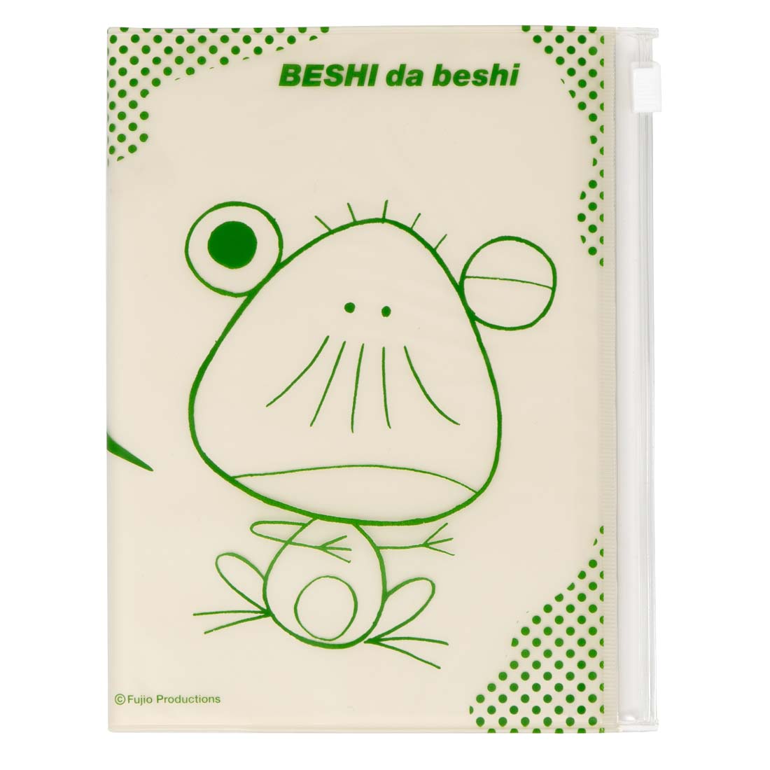 Notebook with a green frog illustration and 'BESHI da beshi' text on a beige background
