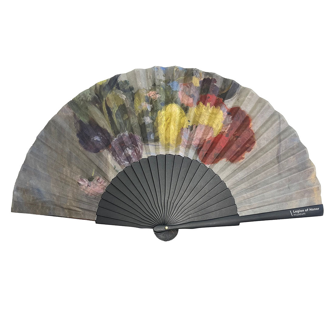 Handheld fan with floral design on a white background