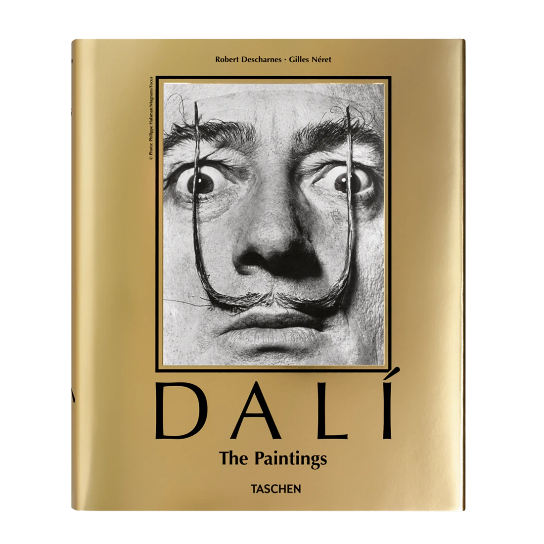 Book cover of 'Dali: The Paintings' by Taschen with a gold border and black and white illustration.
