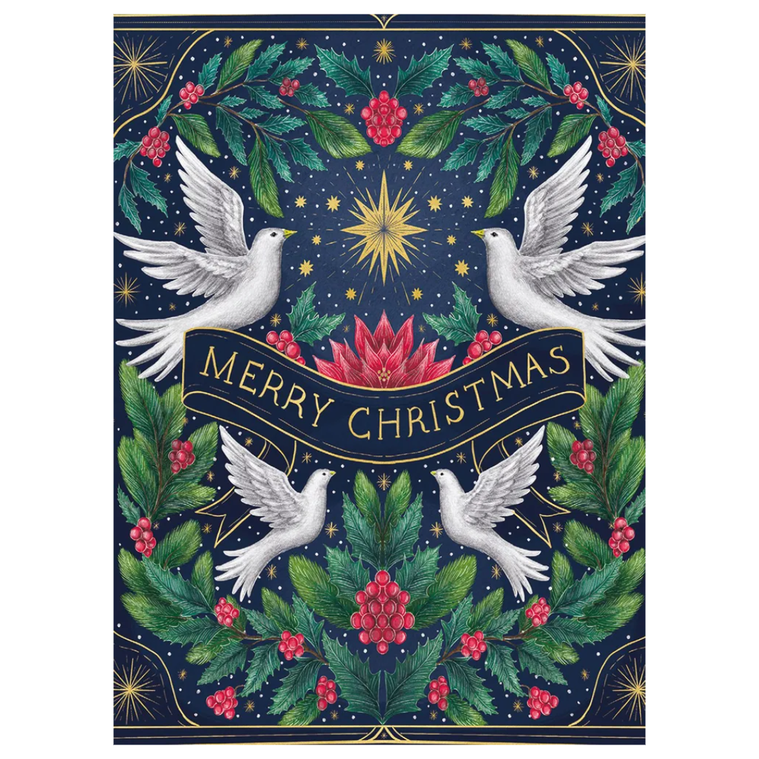 Christmas doves greeting card set by Christmas Doves, featuring an illustrated navy blue background with white doves, green holly leaves, red berries, gold stars, and a central gold sunburst. A dark blue banner across the middle reads 'MERRY CHRISTMAS'.
